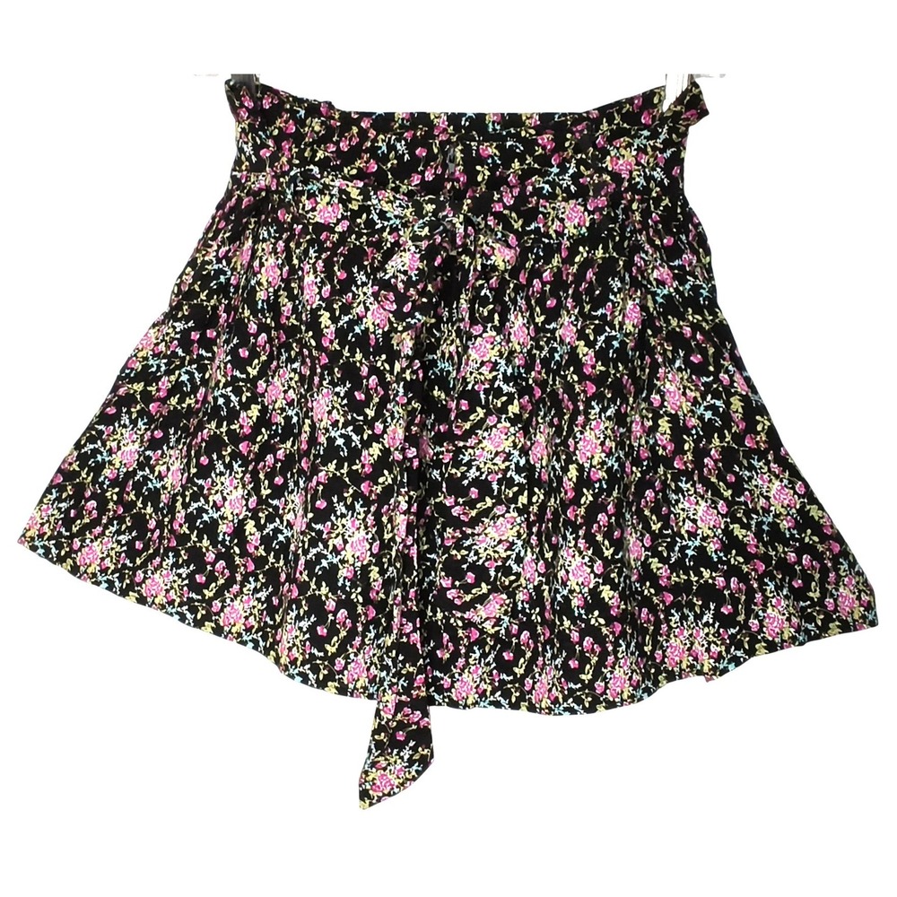 Cottagecore Floral Mini Skirt Womens 9 Spring Street Black Pink Rayon Belted